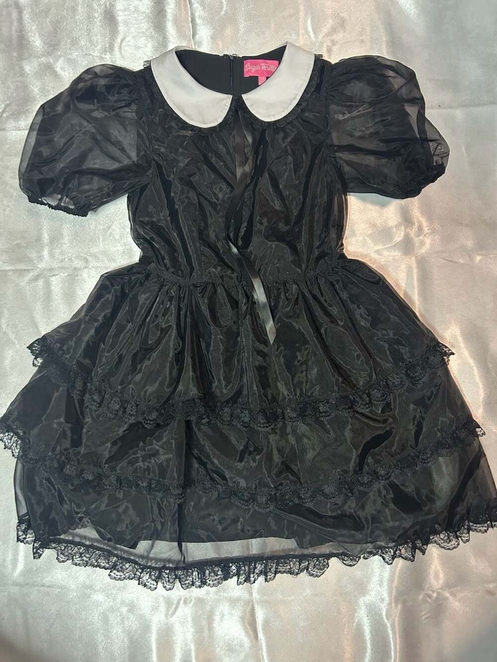 Sugar Thrillz Black Organza Tiered Dress with White Collar